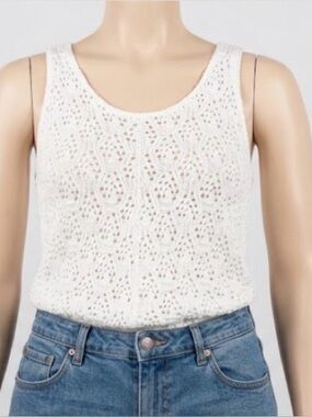 Warehouse One White Crochet Open Knit Tank Top L Boho Y2K Scalloped Hem